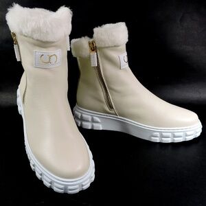 CASADEI 🇮🇹 WOMEN'S BEIGE LEATHER COMFORT LAMB FUR WINTER FASHION FLAT BOOTIE